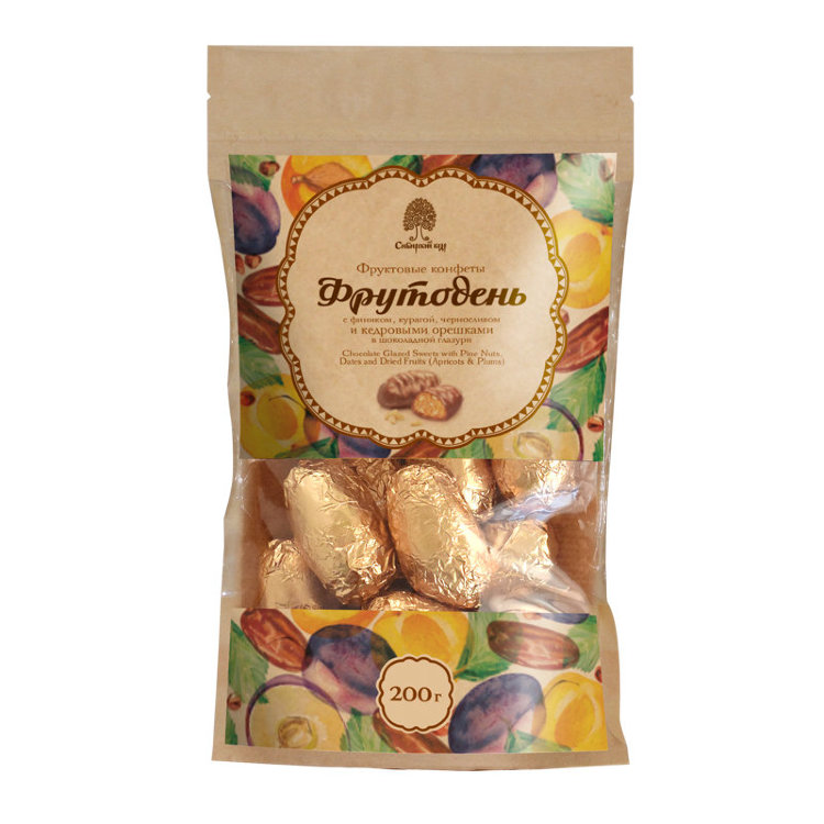 Конфеты "Фрутодень" с кедровыми орешками в шоколадной глазури (крафт-пакет), 200 г
